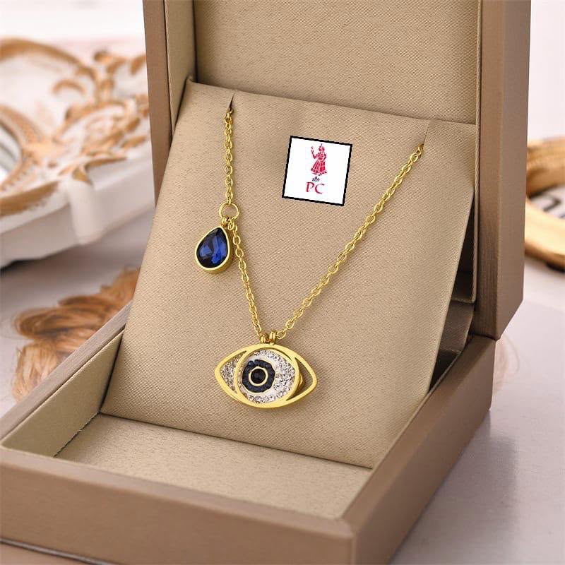 Gold-Plated American Diamond Studded Evil Eye Anti-Tarnish Pendant Necklace